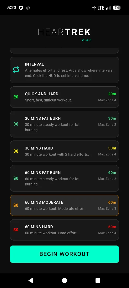 Heartrek start menu with Solo, Interval, and zone program modes