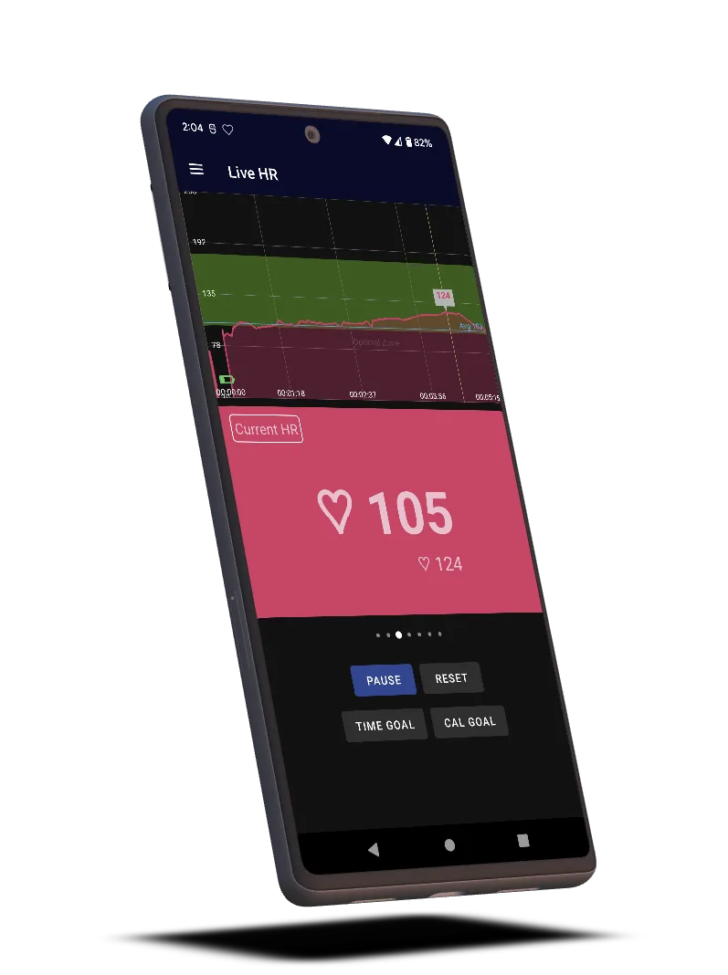 Live Heart Rate Pro showing a live heart rate graph with zones